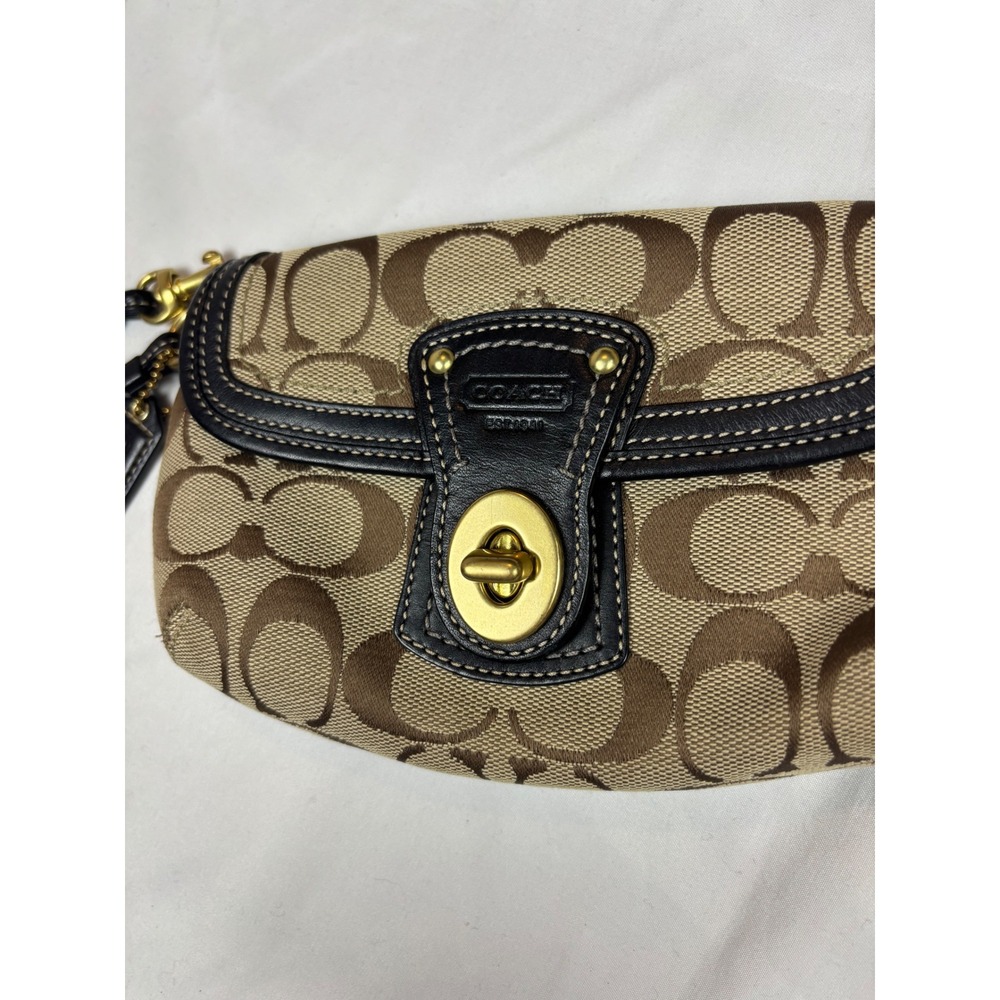 Coach Signature Jacquard Wristlet Brown Leather Trim Turnlock Flap Small Bag